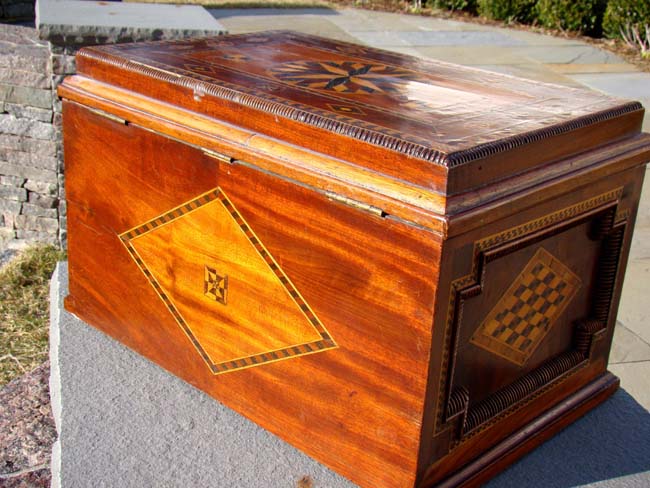A FABULOUS 19th century British sailor-made walnut chest with applied moldings, fruitwood inlays and a whalebone keyhole escutcheon circa 1865-1880. — image 6